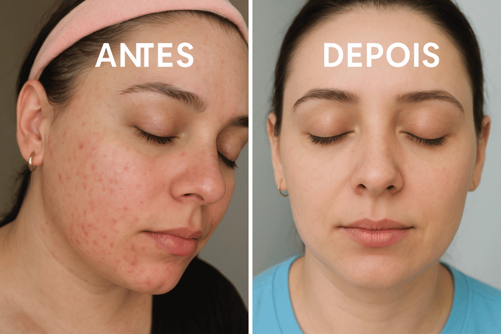 Transformação facial antes e depois do tratamento de acne severa com o Protocolo Científico da Biomédica Esteta Cristiana Manenti