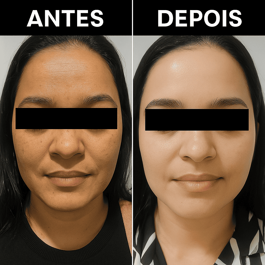 Transformação antes e depois de melasma, acne e rejuvenescimento, com total privacidade no Protocolo Científico da Biomédica Cristiana Manenti