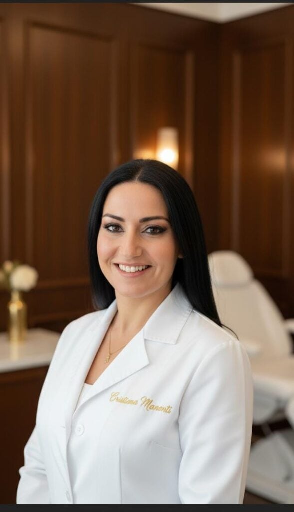 Cristiana Manenti profissional de estética e bem-estar com sorriso acolhedor no ambiente de estética.