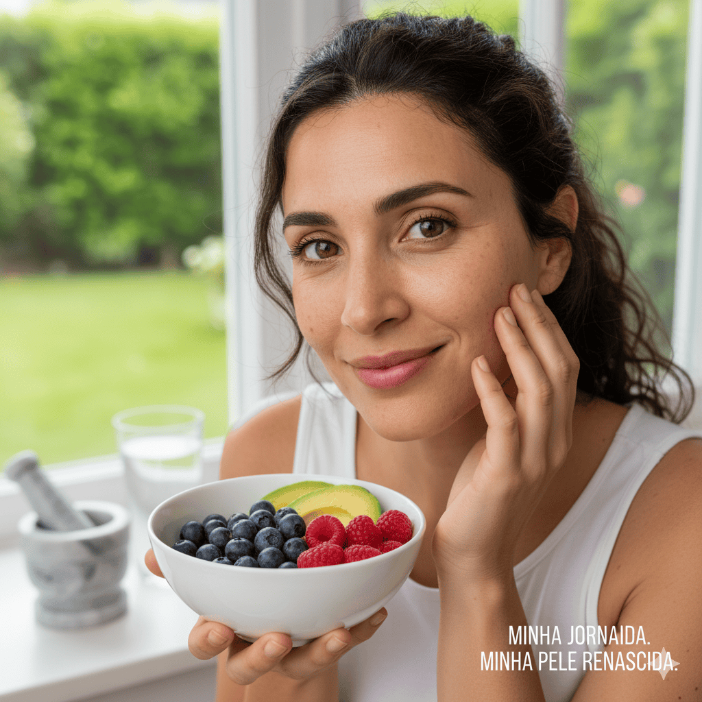 Mulher pele morena 40 anos melasma pele renascida dieta saudavel frutas abacate mirtilos framboesas cuidado pele